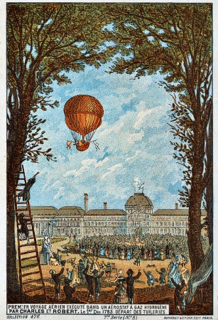 Carte postale du premier voyage aérien dans un aérostat à Hydrogène par Charles et Robert le 01/12/1783. Départ des Tuilleries